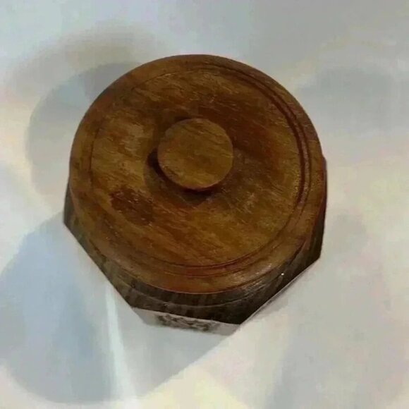 Wooden Octagonal Container Screw Lid Carved Floral Design - Picture 3 of 7